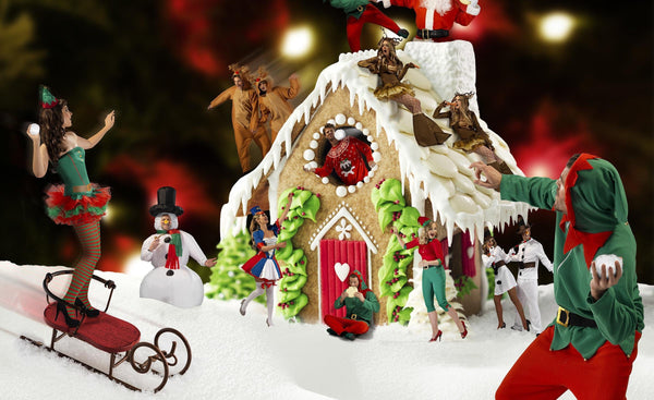 Men's Christmas costume banner with gingerbread house