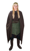 A person wearing a costume resembling Legolas from The Lord of the Rings, featuring a green and brown tunic, cloak, and belt with boot tops.