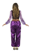Back of a woman wearing a purple Arabian costume with sheer sleeves on a white background