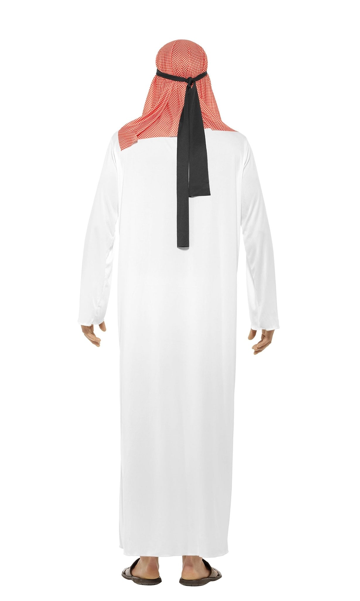 Back of a man wearing a white tunic and a headpiece with a red and white headdress, resembling an Arabian costume