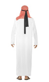 Back of a man wearing a white tunic and a headpiece with a red and white headdress, resembling an Arabian costume