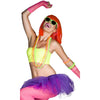 Four strings of neon pearls and arm bands worn by a female in a 1990s style tutu dress and green short top