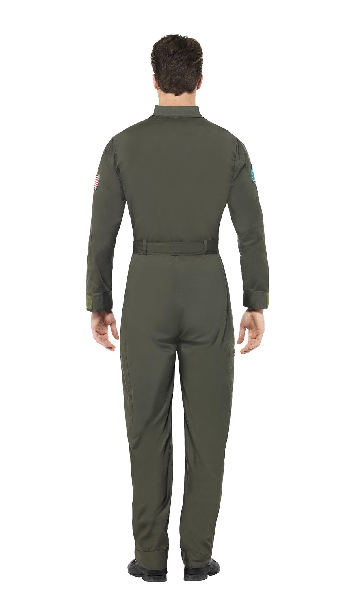 Man wearing a green flight suit on a white background