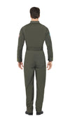 Man wearing a green flight suit on a white background