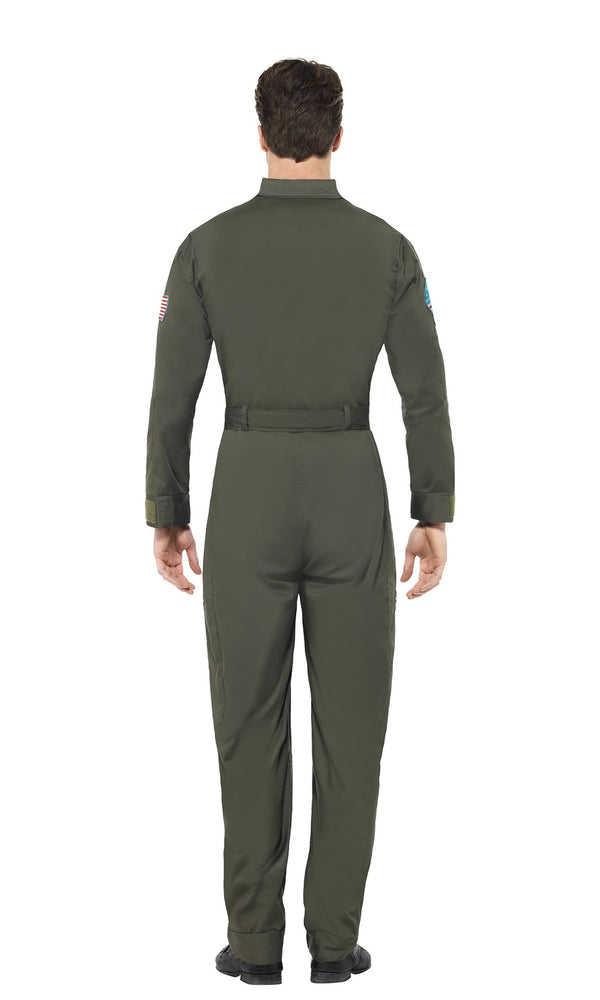 Man wearing a green flight suit on a white background