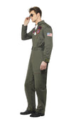 Side view of a man wearing a green Top Gun flight suit with patches on a white background