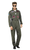 Man wearing a green Top Gun flight suit with patches on a white background
