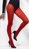 Red tights worn with black high heels on a white background