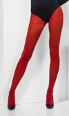 A pair of red opaque tights, displayed on a model. The image highlights the vibrant color and smooth coverage of the tights.
