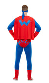 Back of red and blue Wally Man super hero costume