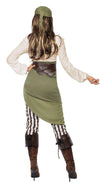 Woman wearing a pirate costume with a green skirt, white shirt, and brown boots on a white background
