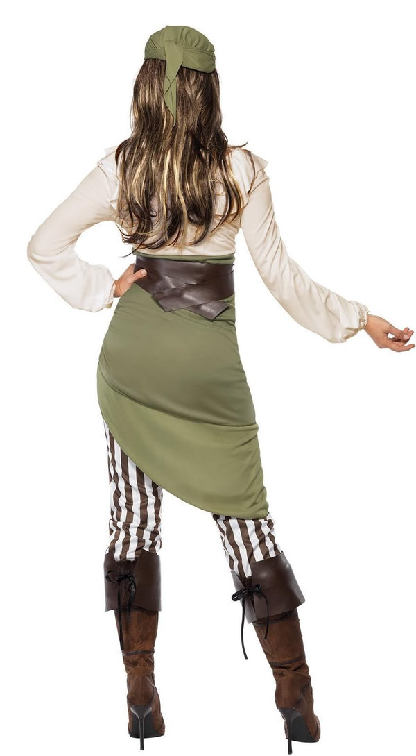 Woman wearing a pirate costume with a green skirt, white shirt, and brown boots on a white background
