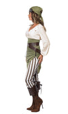 Woman wearing a pirate costume with a white shirt, green skirt, and striped pants on a white background