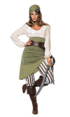 Woman in a green and white pirate costume with a sword on a white background