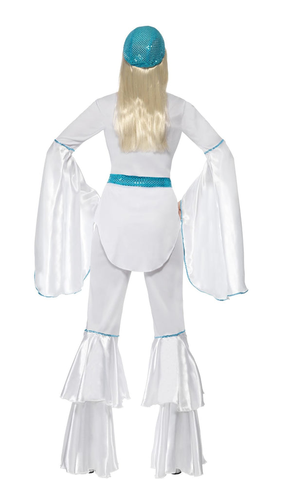 Back of woman's white Back of Abba style costume with blue belt and hat