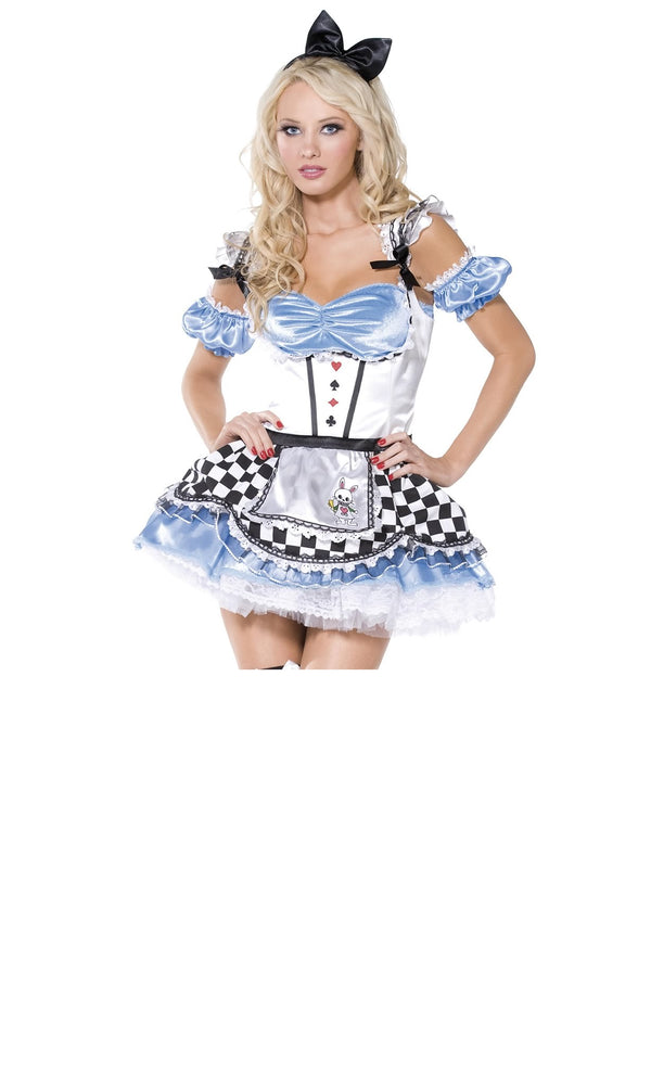 Short blue, white and black Alice dress with headpiece and arm puffs