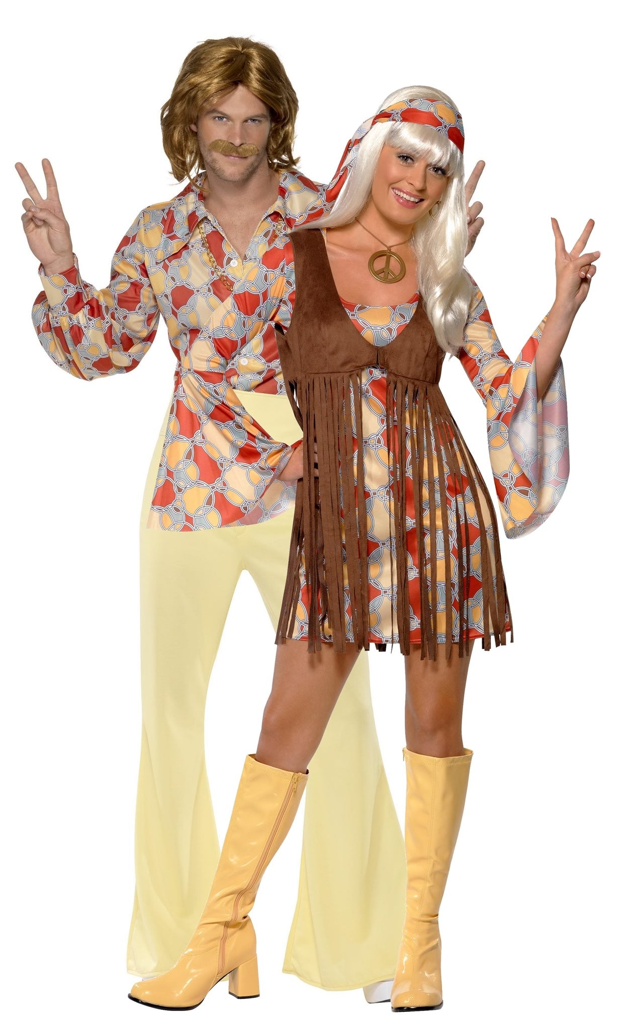 Two people in 1970s-themed costumes with a white background