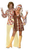 Two people in 1970s-themed costumes with a white background