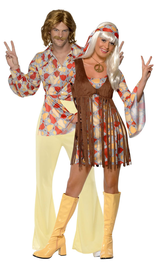Two people in 1970s-themed costumes with a white background