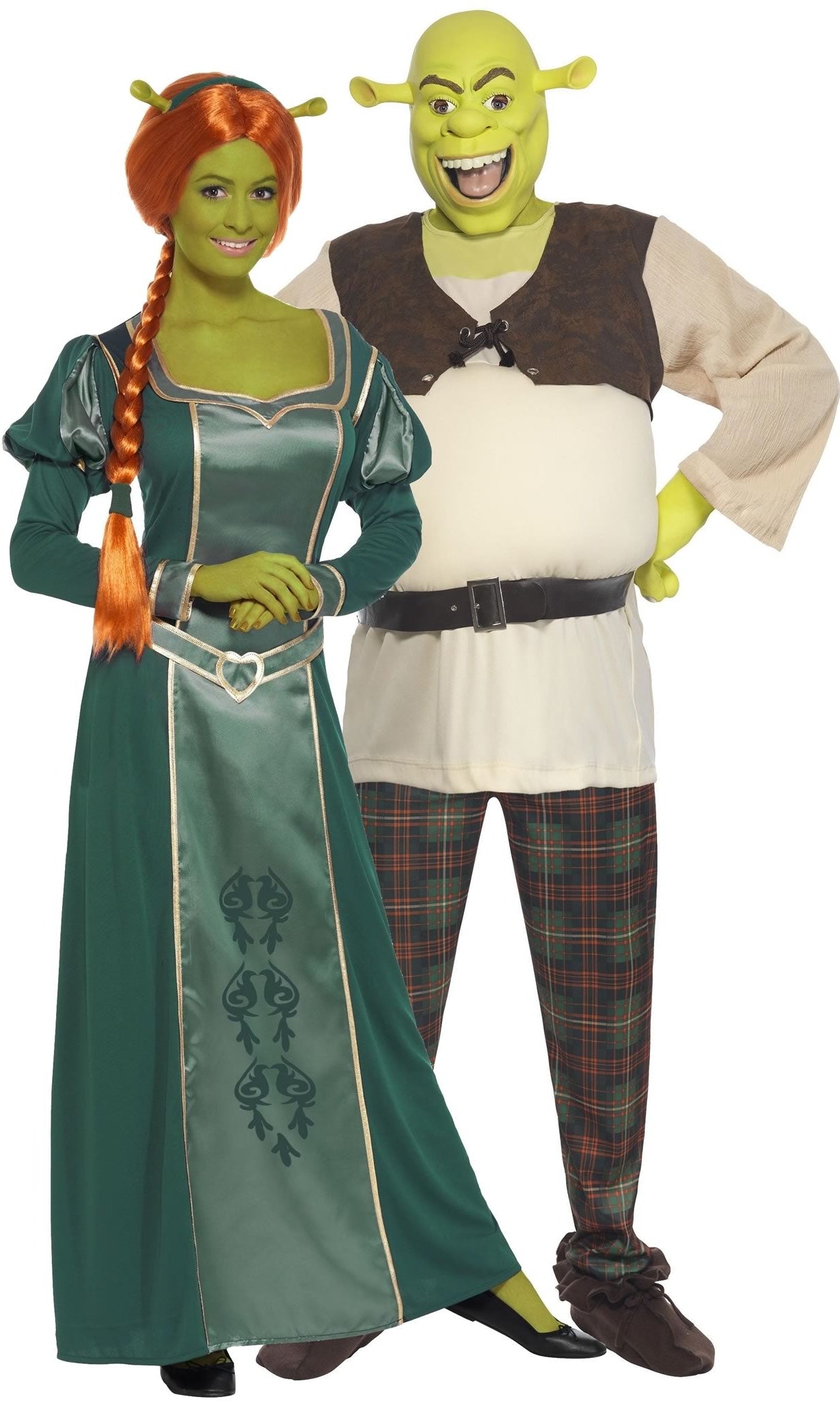 Fiona Shrek long green dress with orange wig and ear headband next to Shrek partner