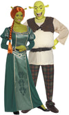 Fiona Shrek long green dress with orange wig and ear headband next to Shrek partner