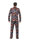 Back of a man wearing a colorful suit with a pattern of scary clown faces on a white background