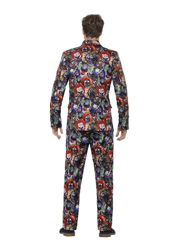 Back of a man wearing a colorful suit with a pattern of scary clown faces on a white background