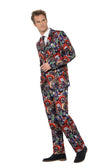 Side view of a man wearing a colorful suit with a pattern of scary clown faces on a white background