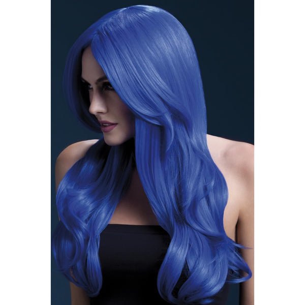 Long blue wavy wig with centre part