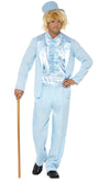 Person wearing a light blue Dumb and Dumber costume with a top hat on a white background