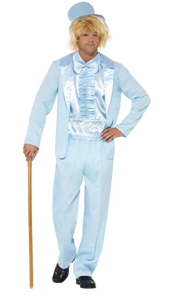 Person wearing a light blue Dumb and Dumber costume with a top hat on a white background