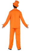 Back of a man wearing an orange Dumb and Dumber costume with a top hat on a white background