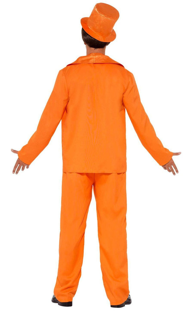 Back of a man wearing an orange Dumb and Dumber costume with a top hat on a white background