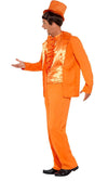 Side view of a man wearing an orange Dumb and Dumber costume with a top hat on a white background