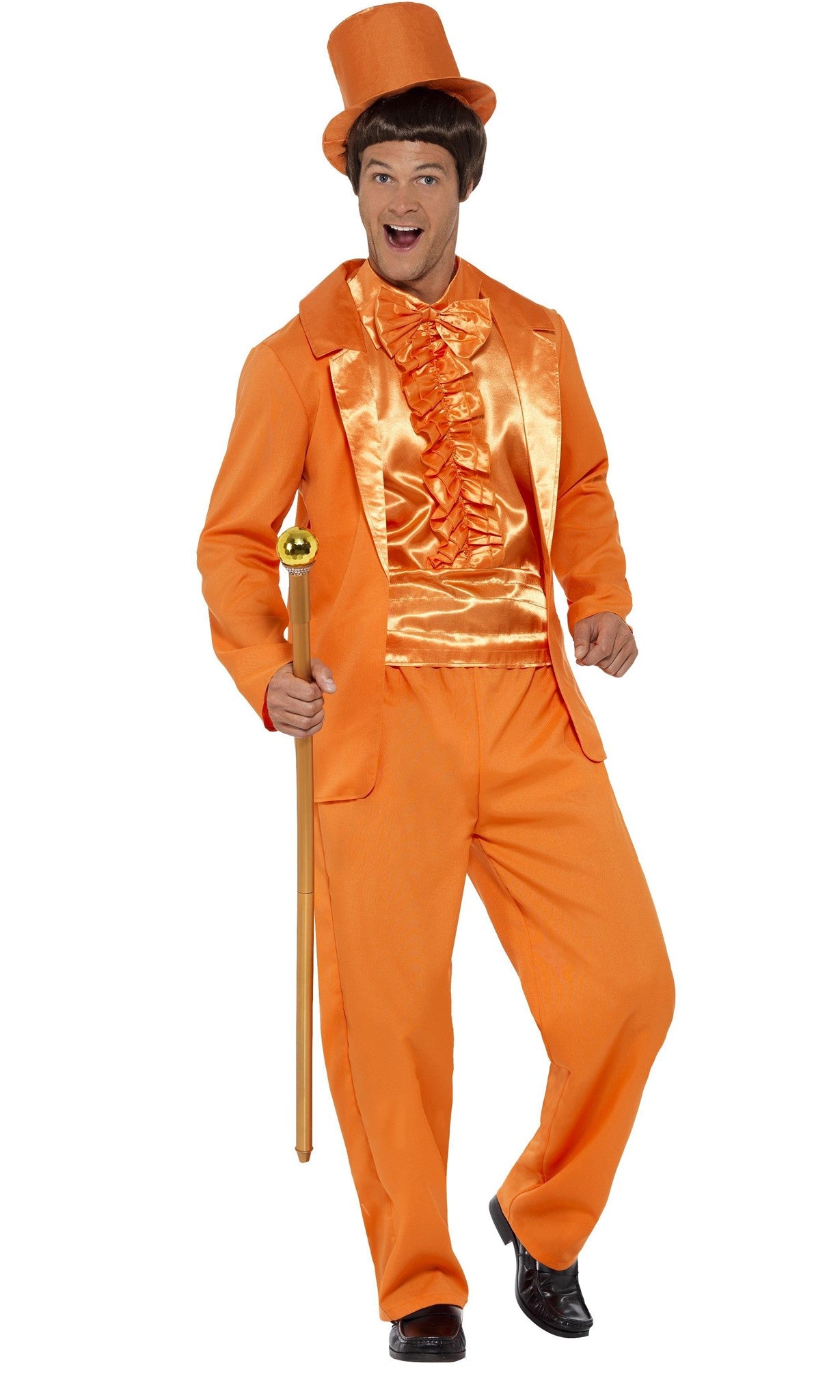 Person wearing an orange Dumb and Dumber costume with a top hat on a white background