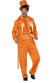 Person wearing an orange Dumb and Dumber costume with a top hat on a white background
