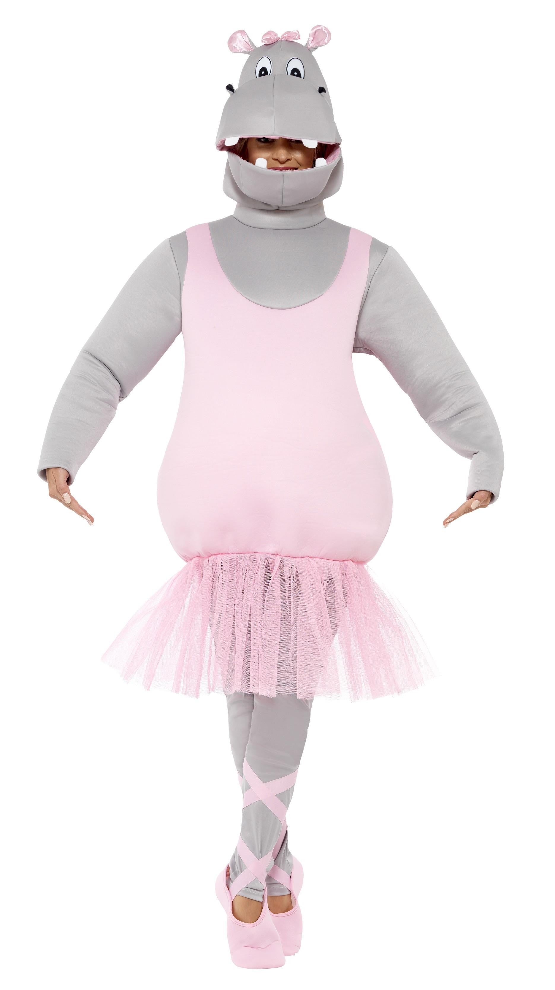 Man wearing a pink ballerina hippo costume with a tutu on a white background