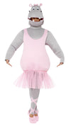 Man wearing a pink ballerina hippo costume with a tutu on a white background