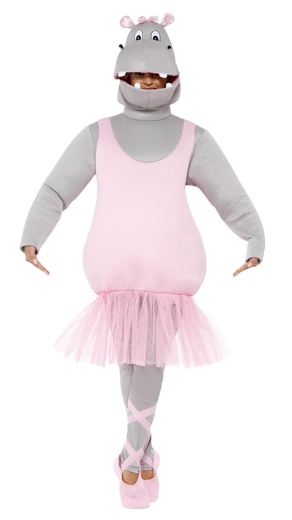 Man wearing a pink ballerina hippo costume with a tutu on a white background