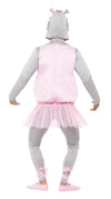 Back of a person wearing a pink ballerina hippo costume on a white background