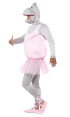 Side view of a man wearing a pink ballerina hippo costume on a white background
