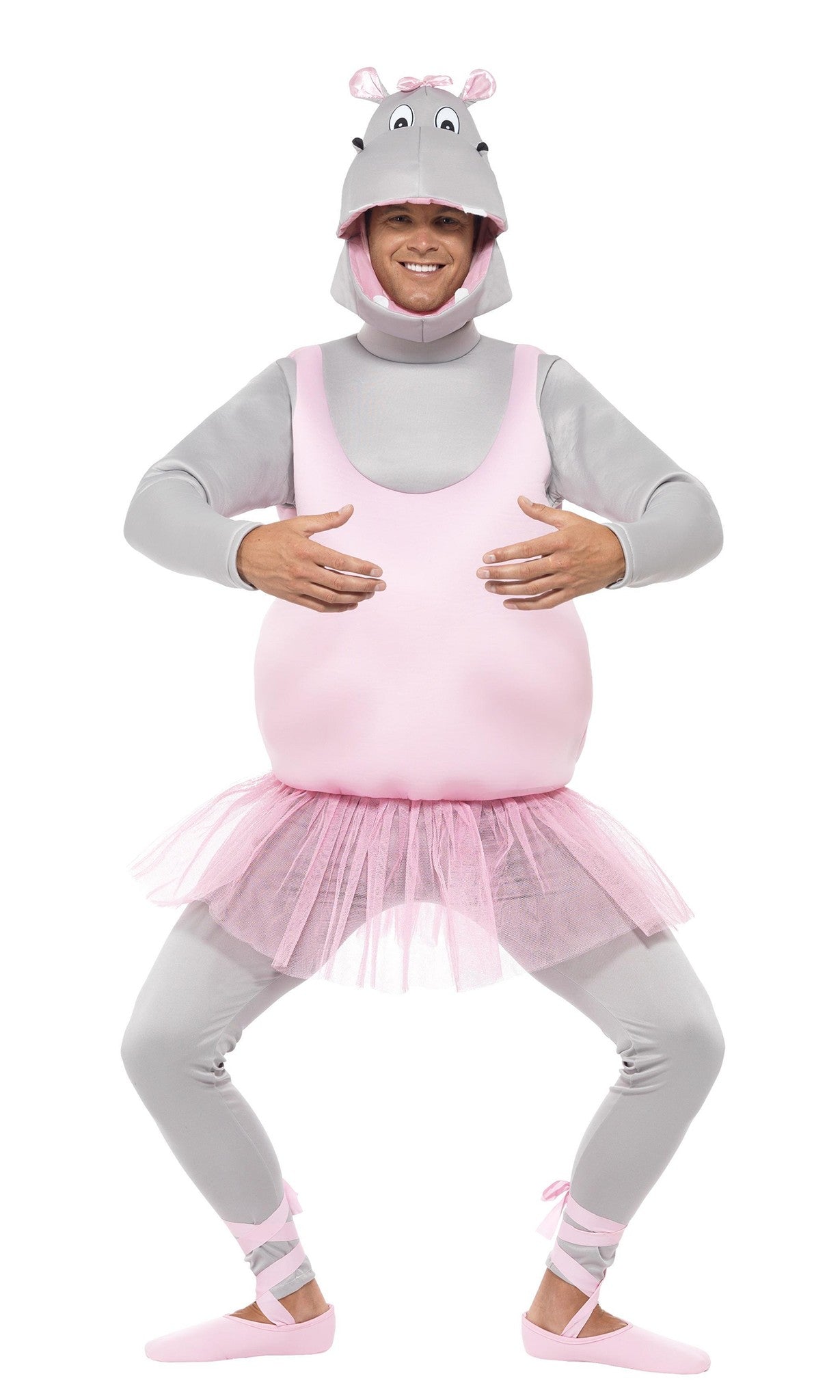Man wearing a pink ballerina hippo costume on a white background