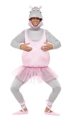 Man wearing a pink ballerina hippo costume on a white background