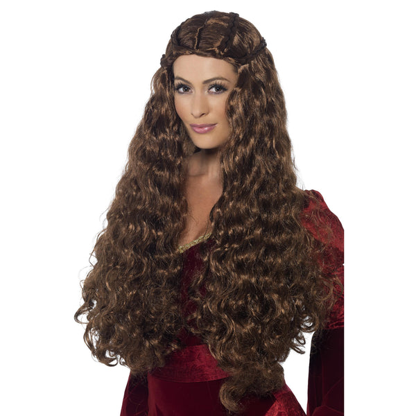 A person wearing a medieval princess wig with long brown curls and plait detail around the hairline.