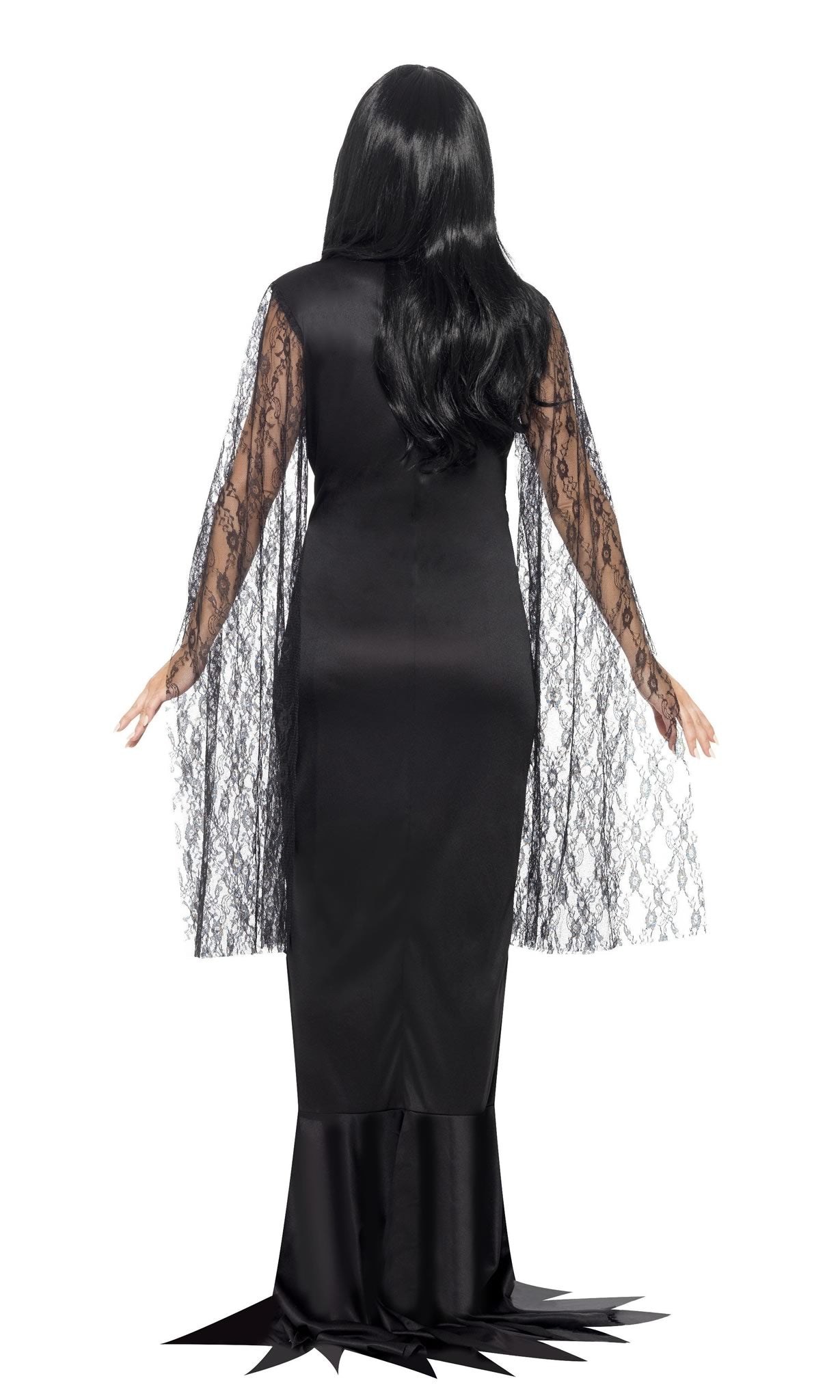 Back of long black Morticia Addams style dress with lace sleeves