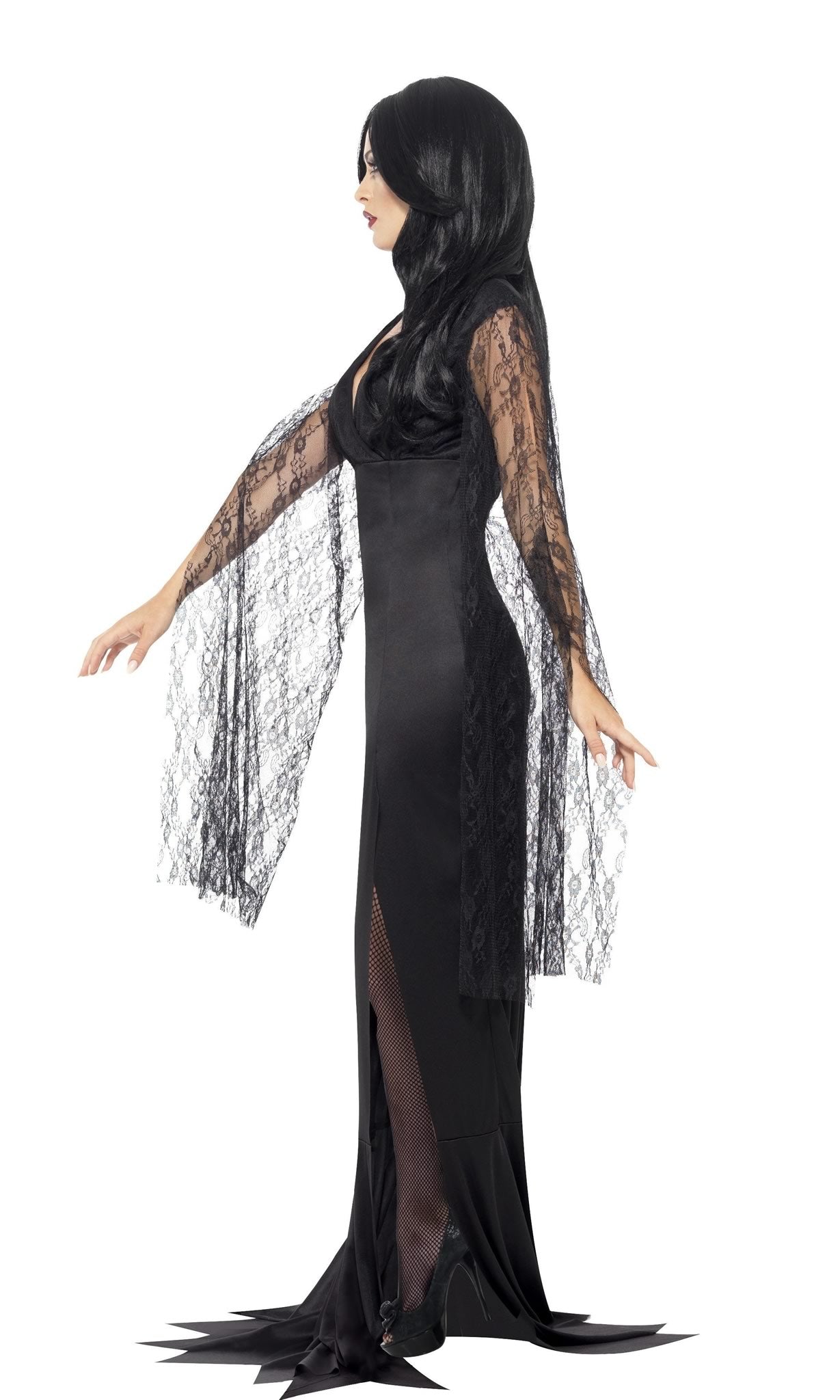 Side of long black Morticia Addams style dress with lace sleeves