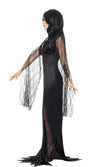 Side of long black Morticia Addams style dress with lace sleeves