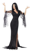 Long black Morticia Addams style dress with lace sleeves