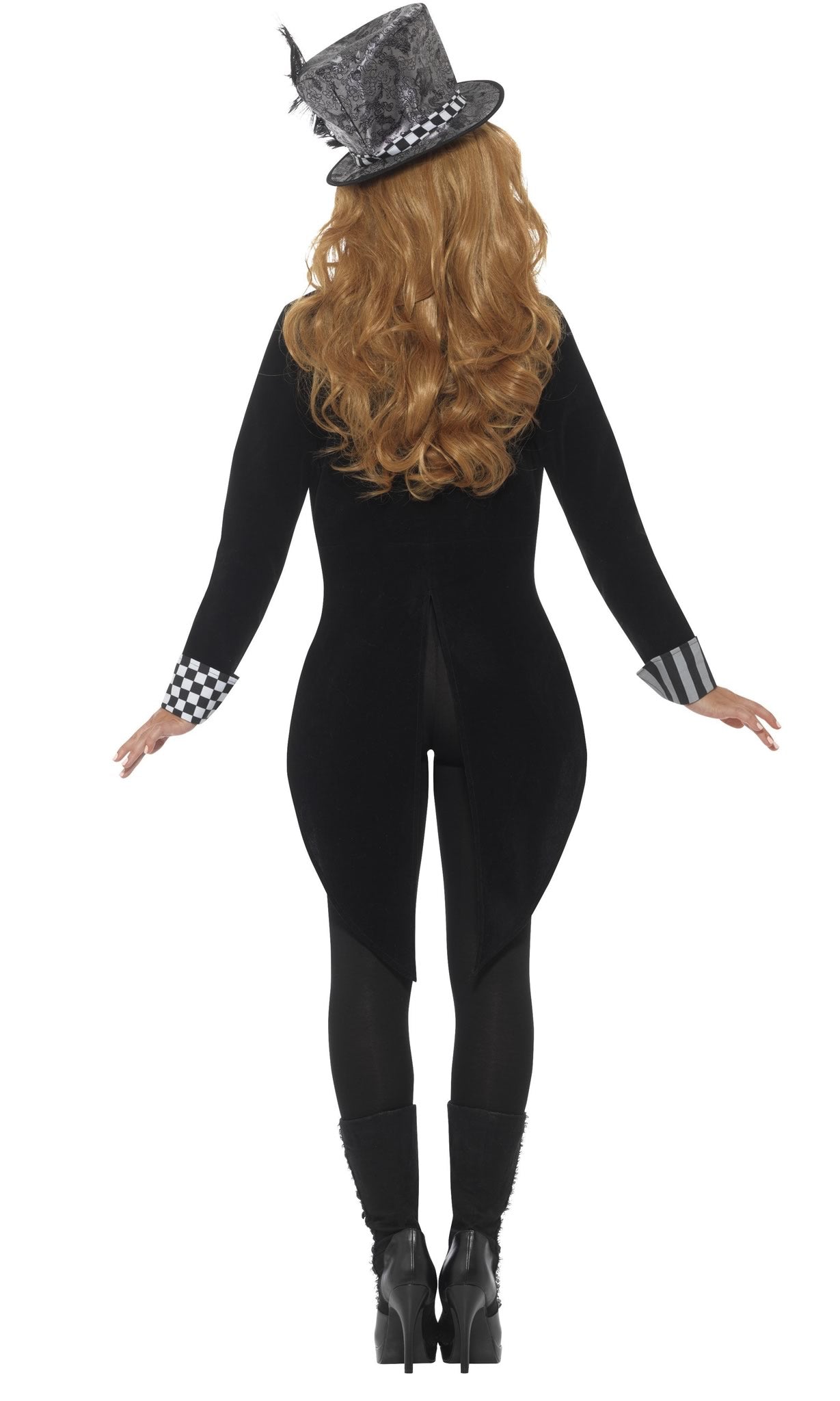 Back of black and grey Miss Hatter costume with hat, vest and tie