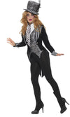 Side of black and grey Miss Hatter costume with hat, vest and tie